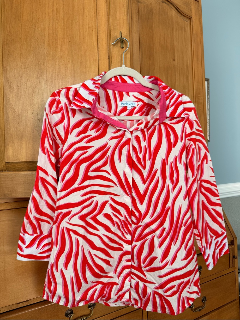 Perlavera Red Pink Zebra Print Button Down Shirt S